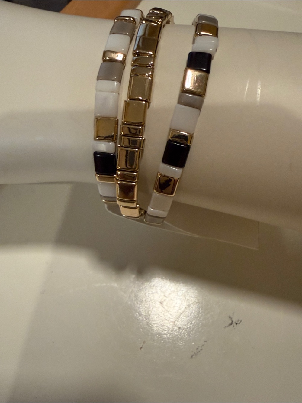 J. Crew Factory Gold, White and Black Tile Stretch Bracelet Set